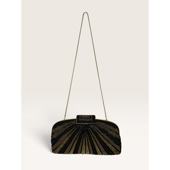 Vintage Handbags - Vintage Beaded Evening Clutch Shoulder Bag Black Gold Art Deco 1950s